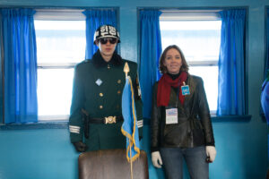 Anne Dirkse at the Conference buildings in the Joint Security Area (JSA) at Panmunjom, Korea DMZ