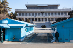 Joint Security Area (JSA) at Panmunjom, Korea DMZ, facing North Korea