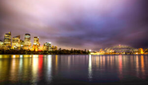 Sydney Opera House and Harbour Bridge after sunset, Sydney, Australia